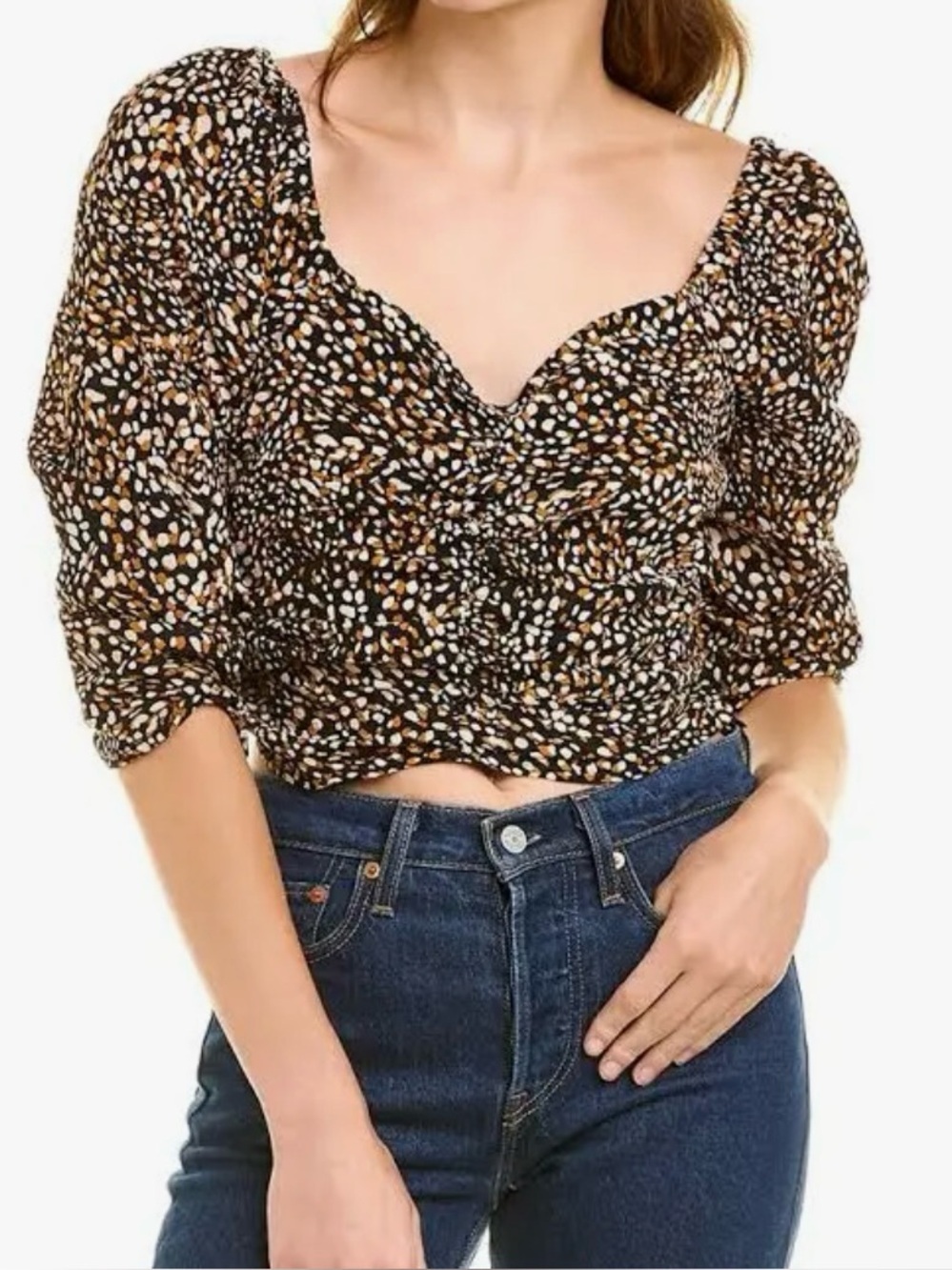 BCBGeneration Black Multi-Spot Ruched Sweetheart Crop 3/4th Sleeves Top Large